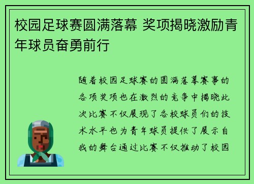 校园足球赛圆满落幕 奖项揭晓激励青年球员奋勇前行